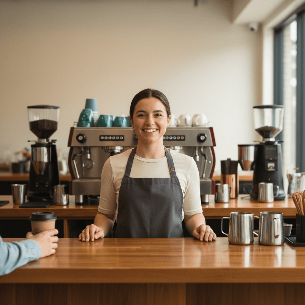 Barista at espresso machine ready to make custom order