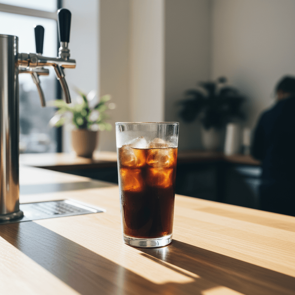 Cold brew poured into tall glass with ice