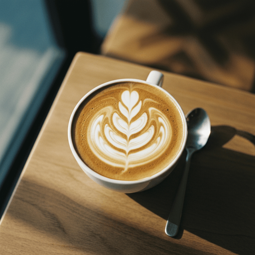 Latte with intricate latte art in ceramic cup