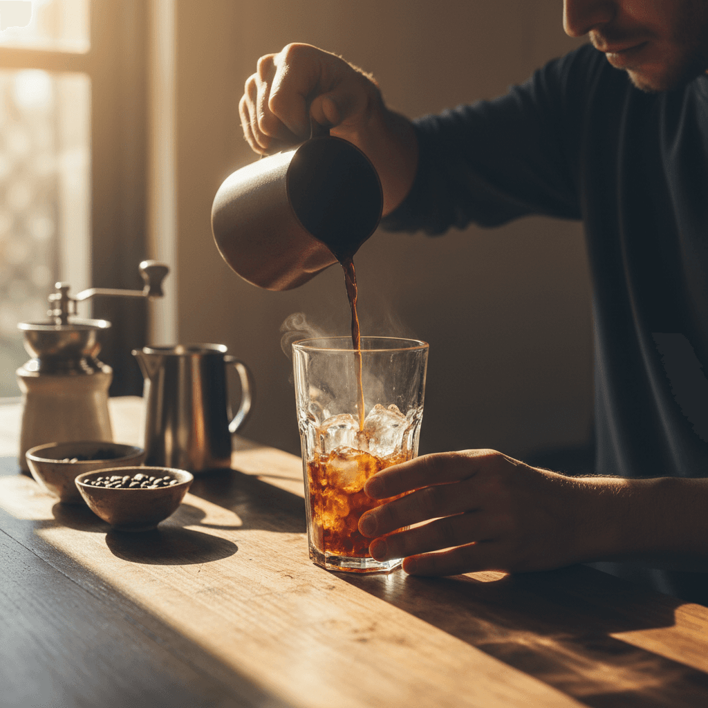 Barista preparing iced coffee drink with care