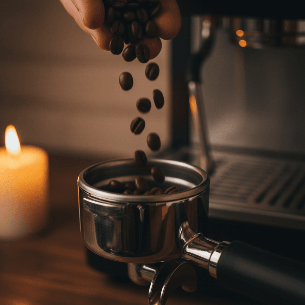 Coffee beans pouring into portafilter for espresso preparation
