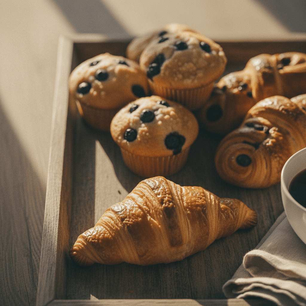 Assorted fresh pastries arranged on wooden board