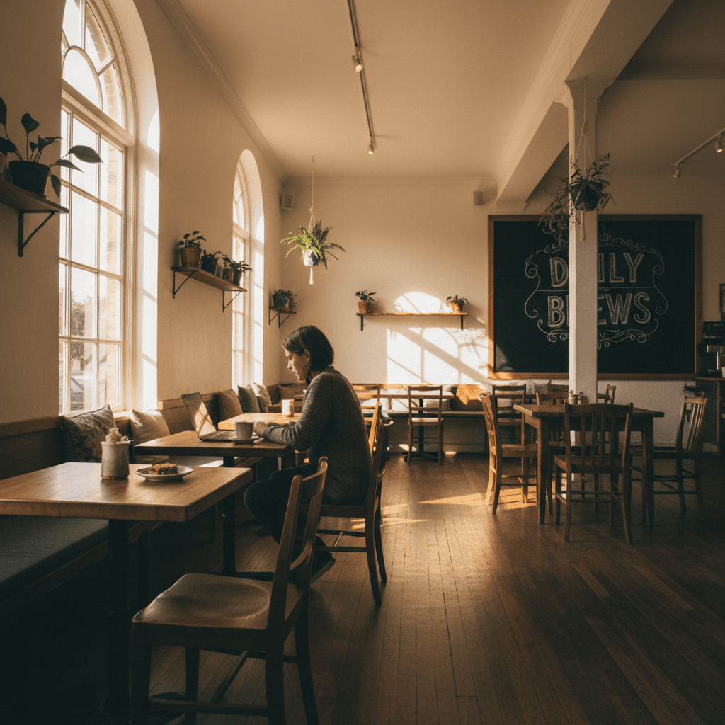 Customer working on laptop at wooden table in café