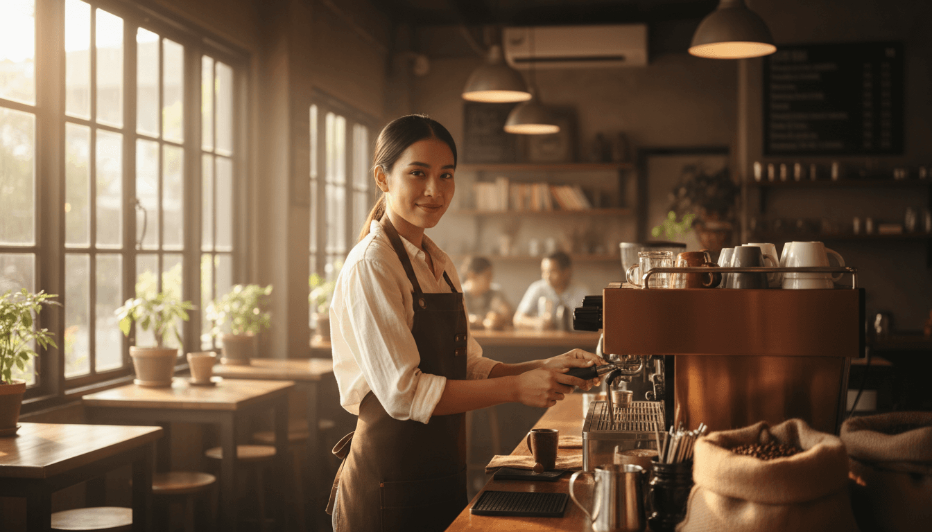 Barista preparing coffee in a warm Manila café with morning light