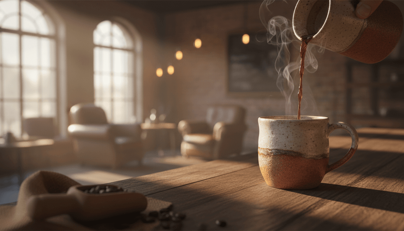 Artisan barista pouring fresh coffee into a ceramic cup in a warm Manila café