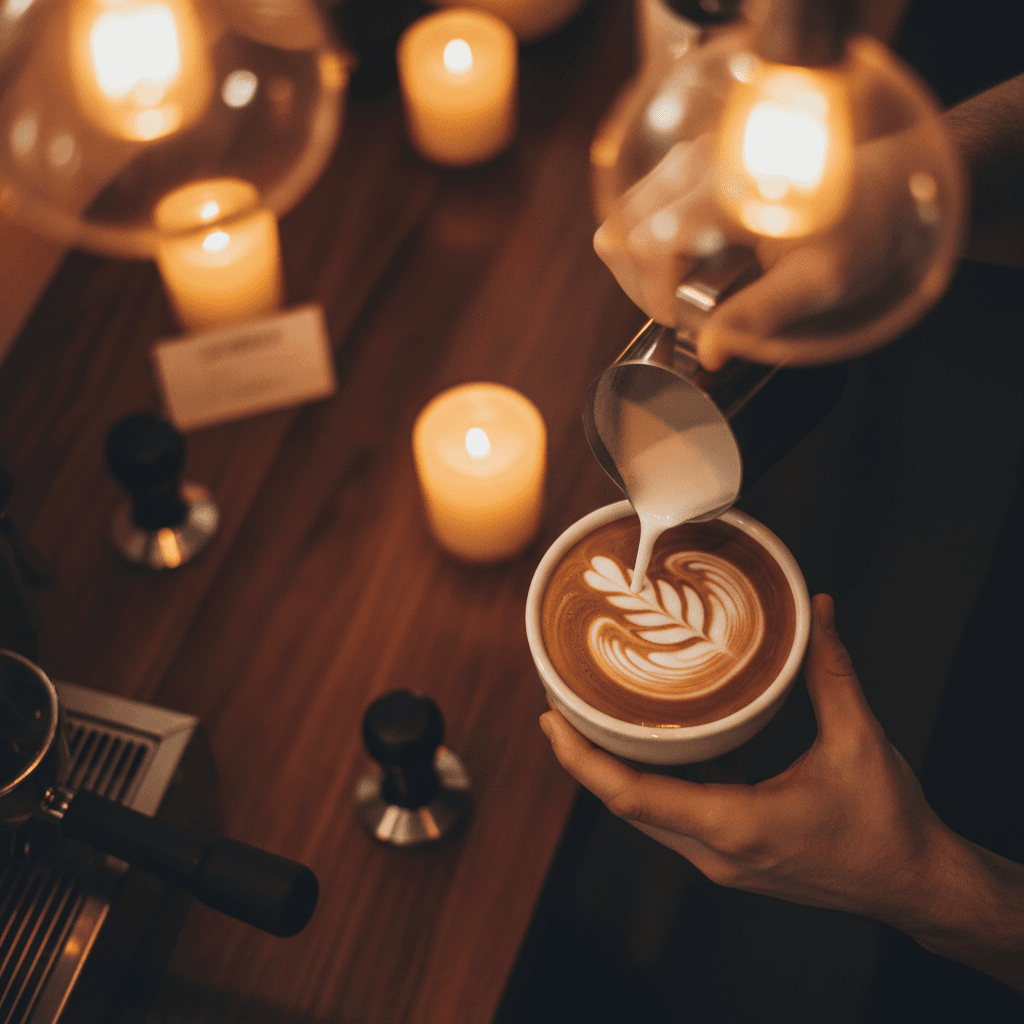 Barista pouring latte art into ceramic cup