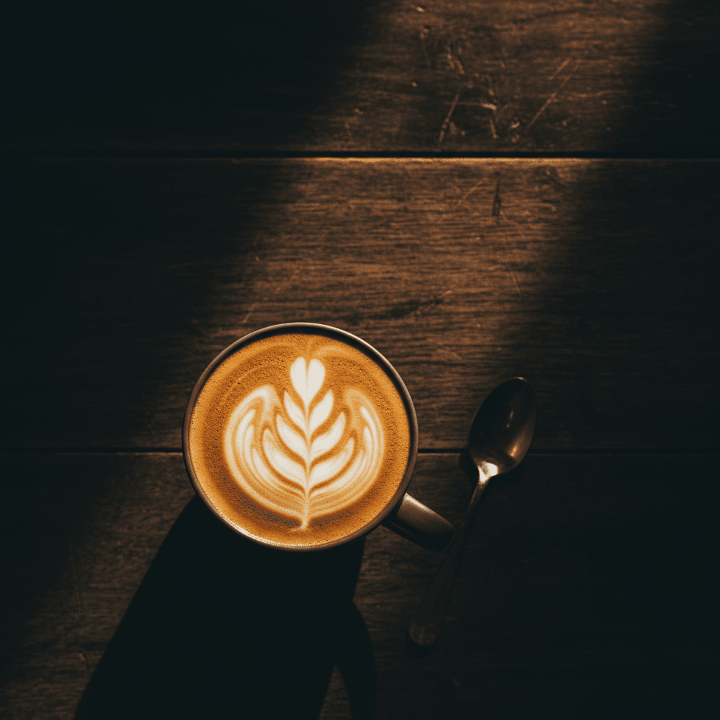 Cappuccino with decorative foam art on dark wooden table