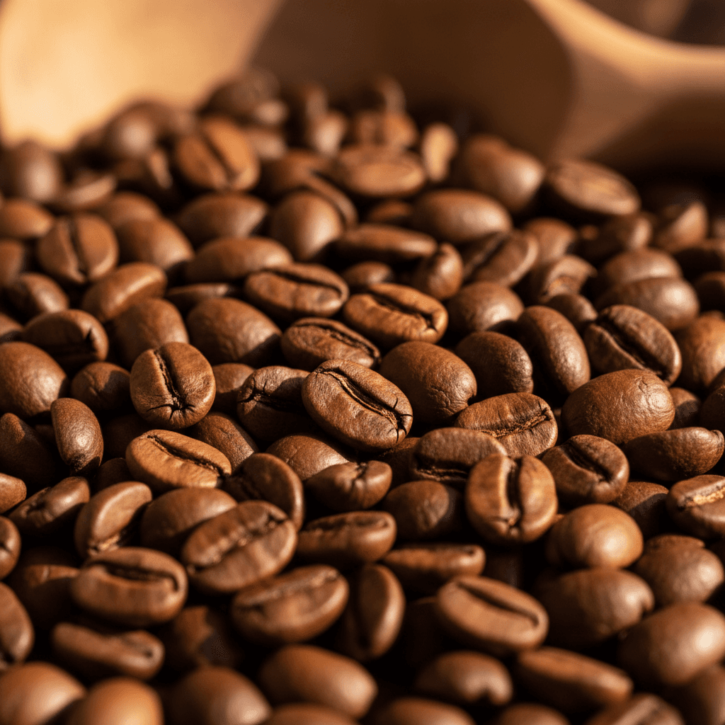 Extreme close-up of roasted specialty coffee beans showing texture, color variation, and glossy surface detail