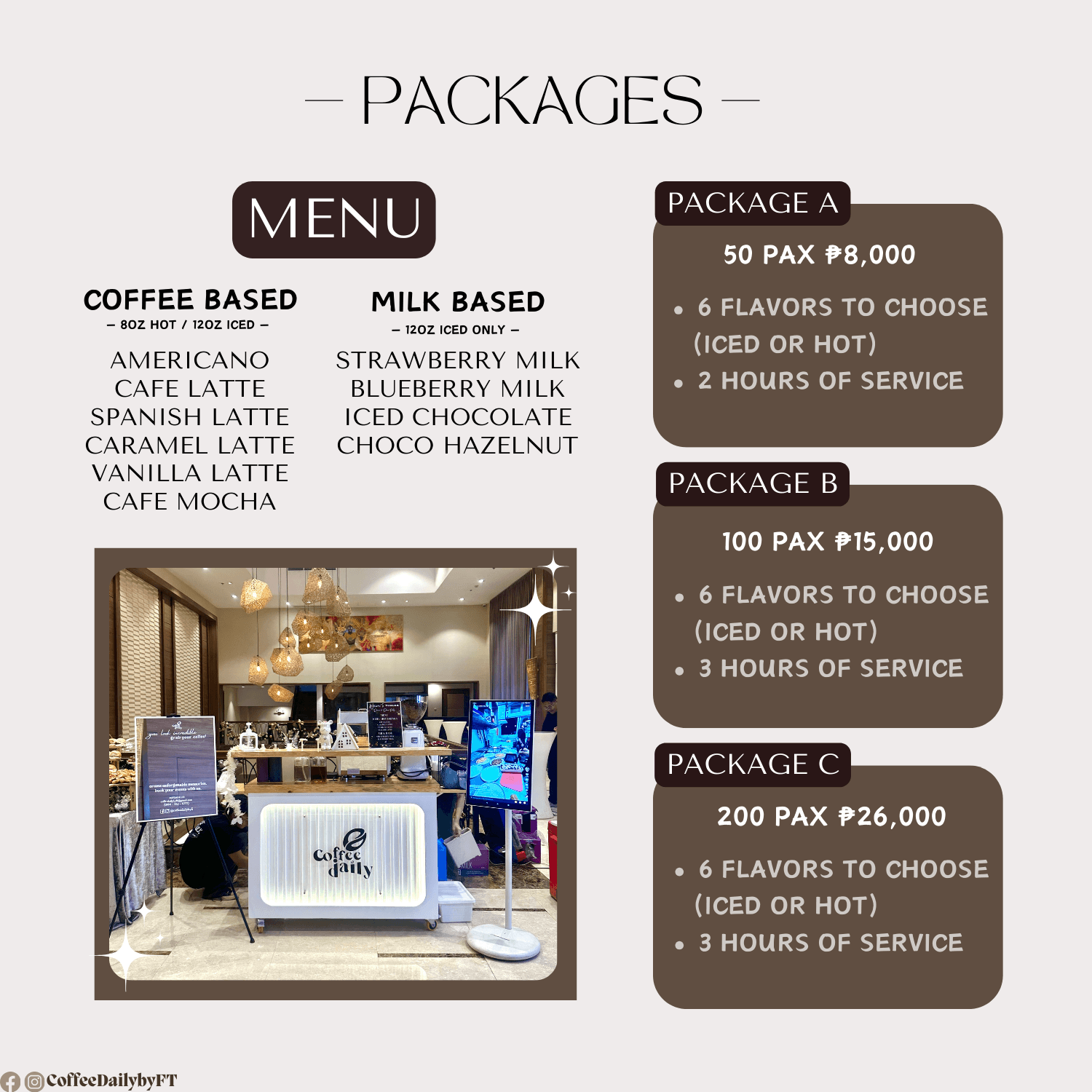 Coffee Daily mobile coffee cart menu displaying event packages, pricing, and various drink options.