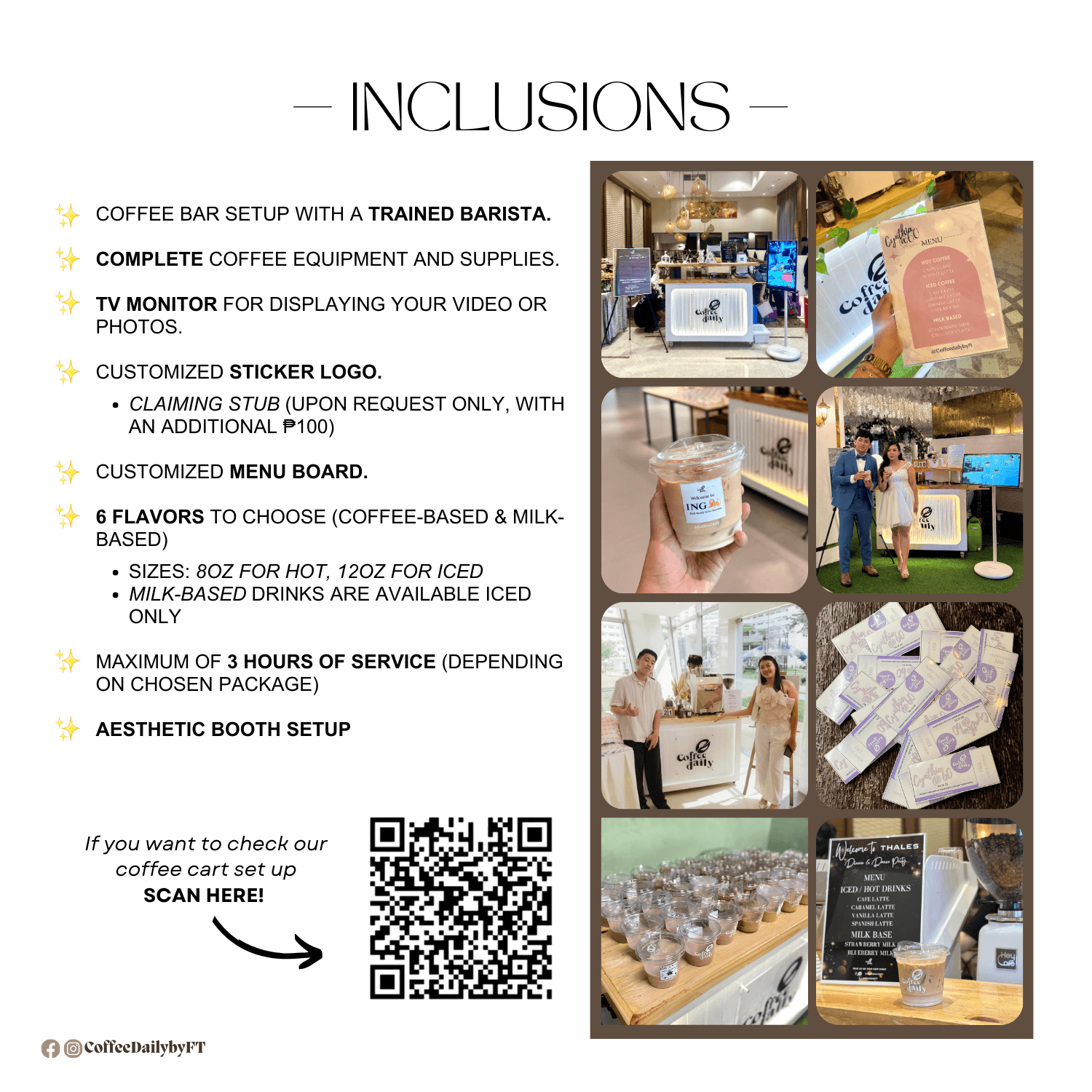 Coffee bar service inclusions list with photos of the aesthetic booth, drinks, and branding.