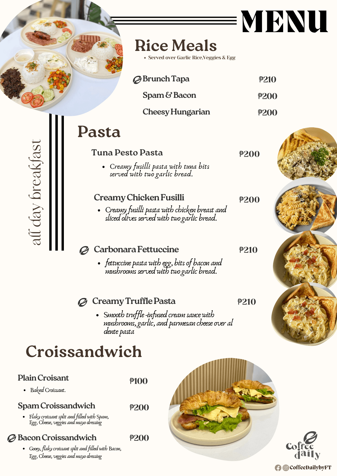 Coffee Daily all-day breakfast menu featuring rice meals, pasta, and croissant sandwiches with prices.