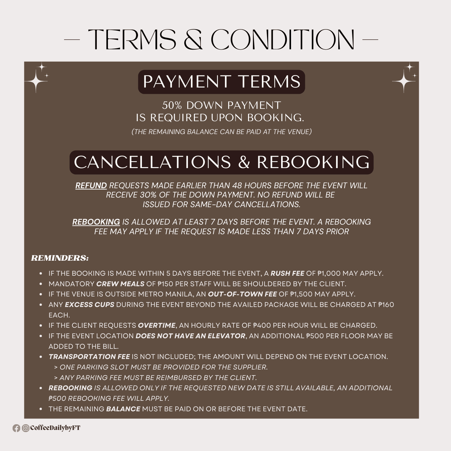 Terms and conditions graphic outlining payment, cancellation, and rebooking policies with a list of fees.