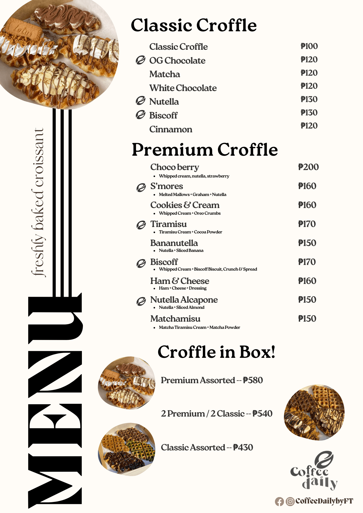 Coffee Daily menu featuring classic and premium croffles with prices, toppings, and box deals.