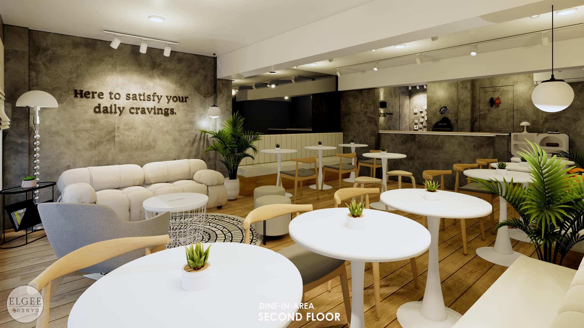 Modern cafe interior featuring white tables, wooden chairs, a plush sofa, and textured grey walls.
