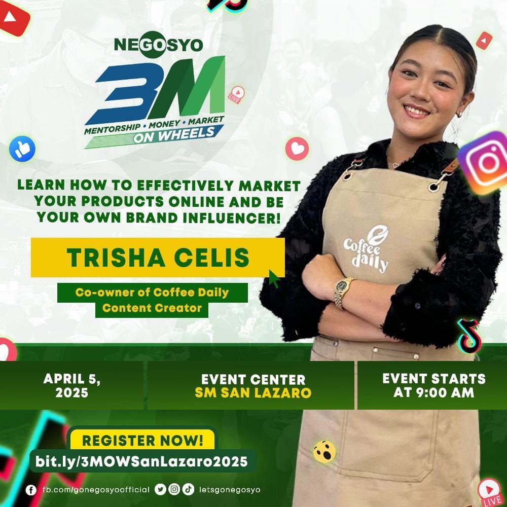 Negosyo 3M event poster featuring Trisha Celis on online marketing at SM San Lazaro.