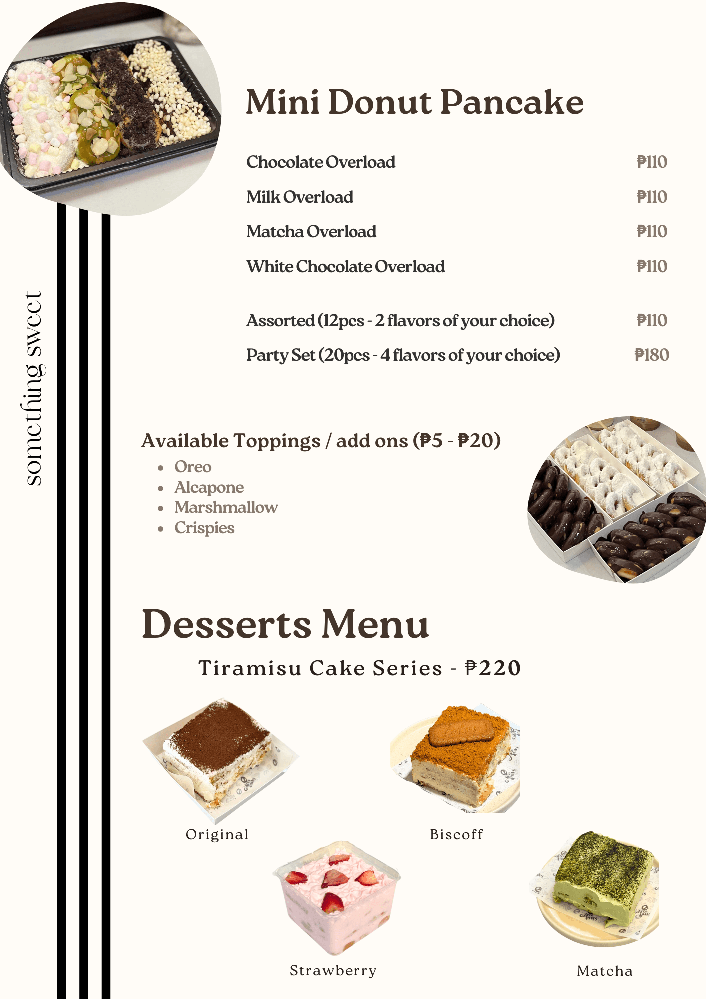 Desserts menu featuring mini donut pancakes and tiramisu cakes with prices and various flavor options.