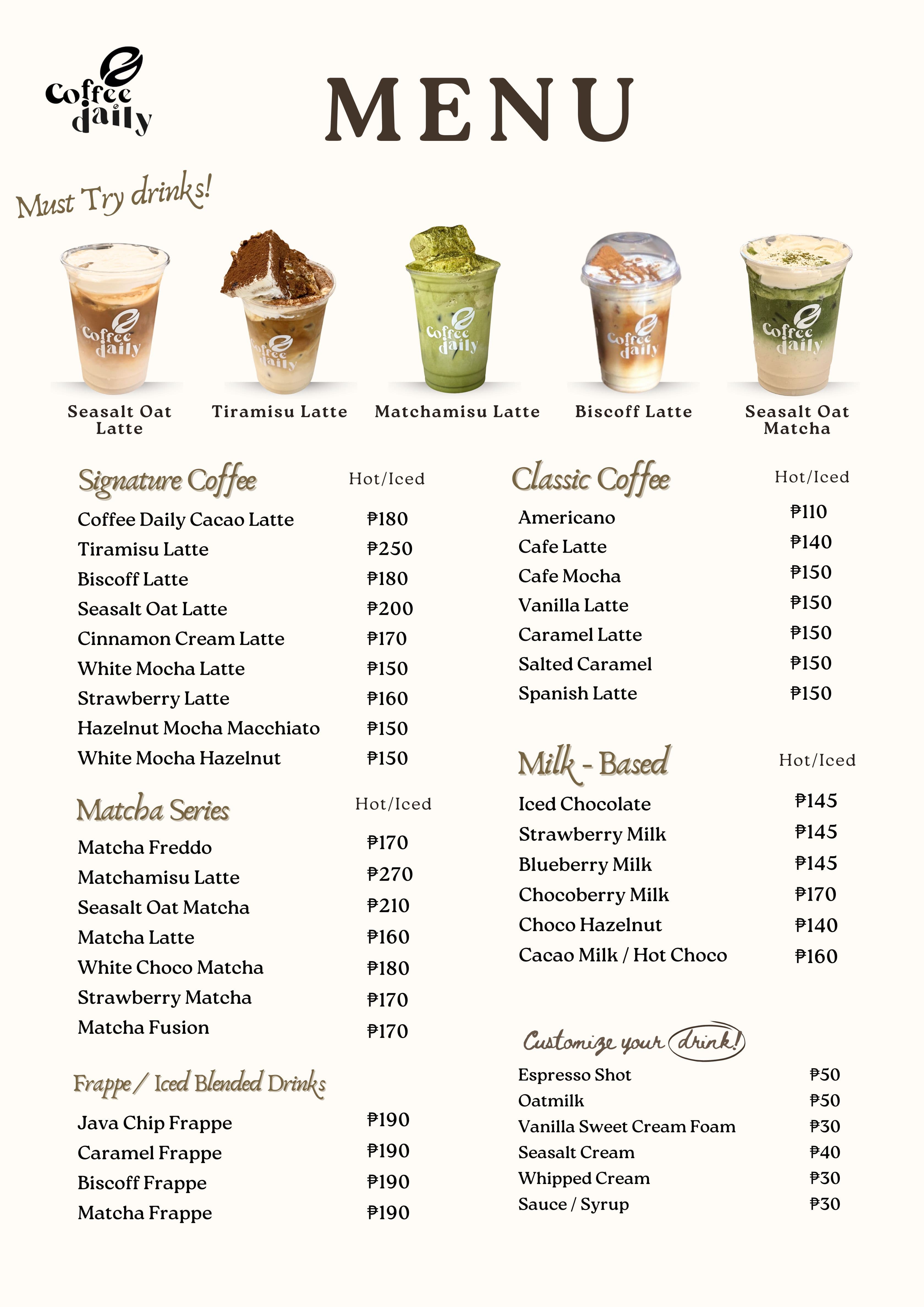 Coffee Daily menu featuring specialty lattes, classic coffee, matcha, and milk-based drinks with prices.
