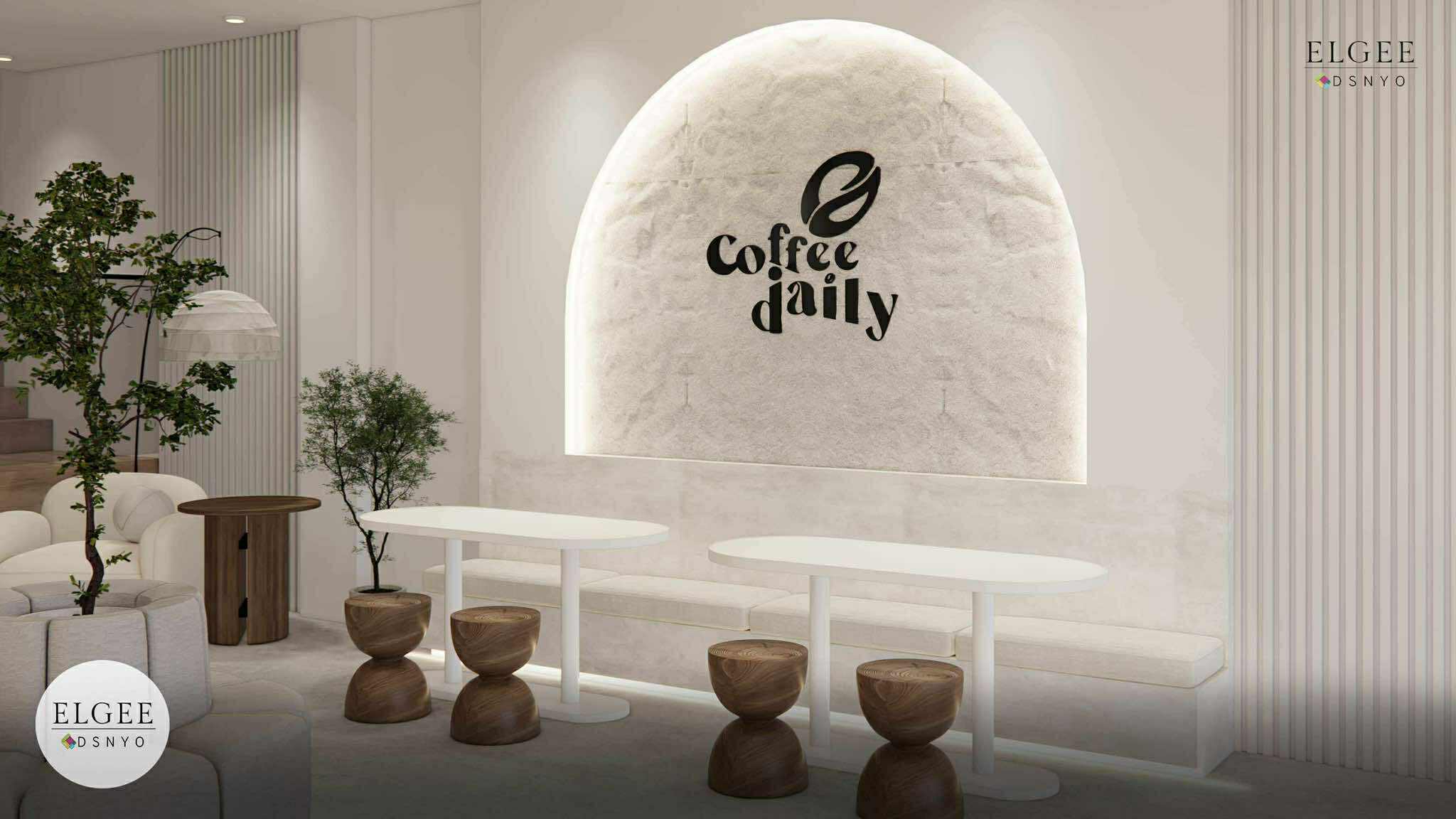 Minimalist cafe interior featuring white tables, wooden stools, and a backlit arched wall logo.