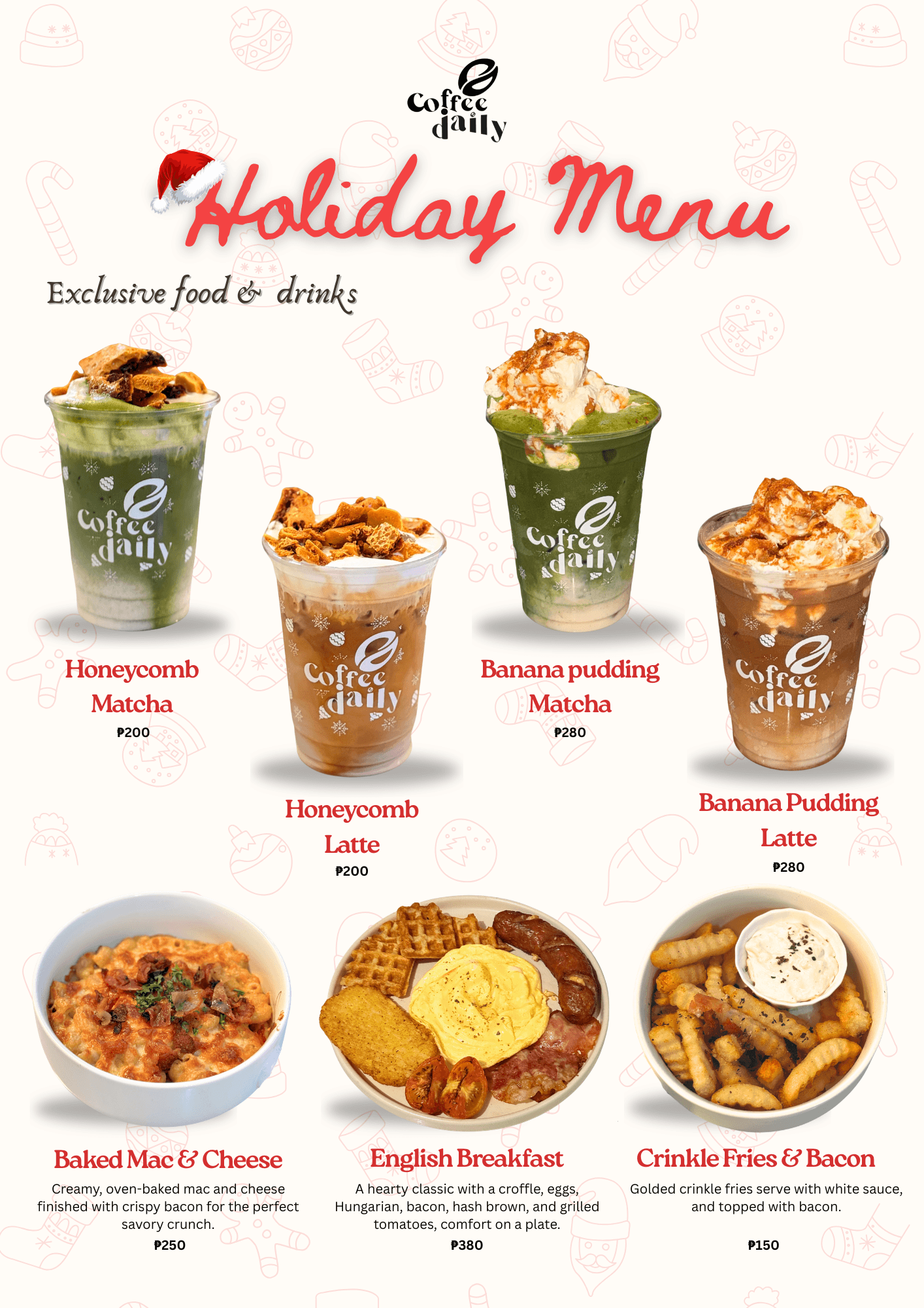 Coffee Daily Holiday Menu featuring festive matcha drinks, lattes, baked mac and cheese, and breakfast.