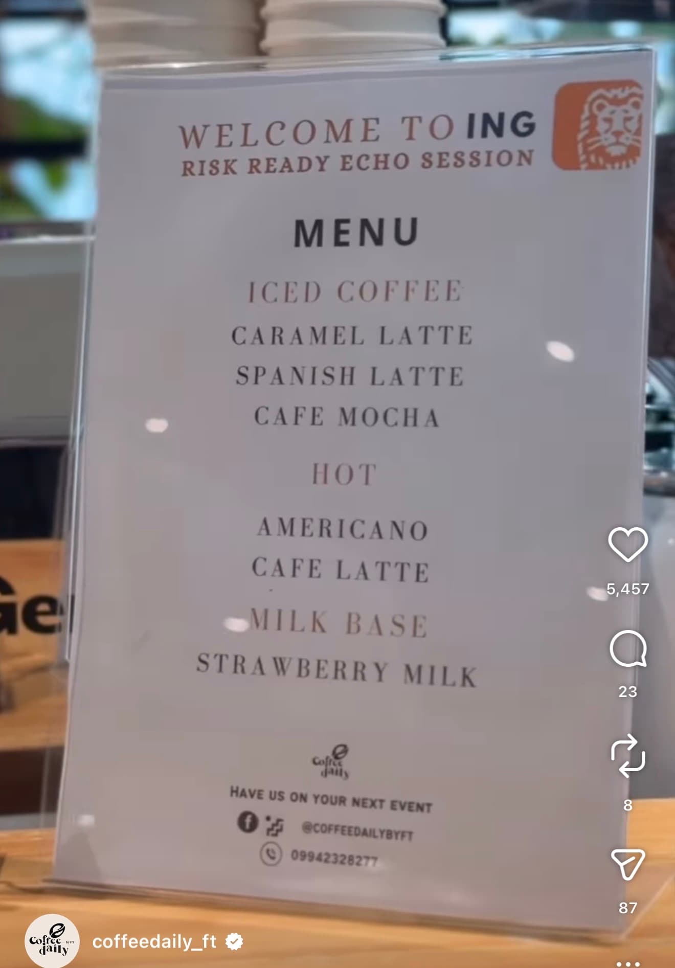 Coffee menu for an ING event listing iced coffee, lattes, mocha, americano, and strawberry milk.