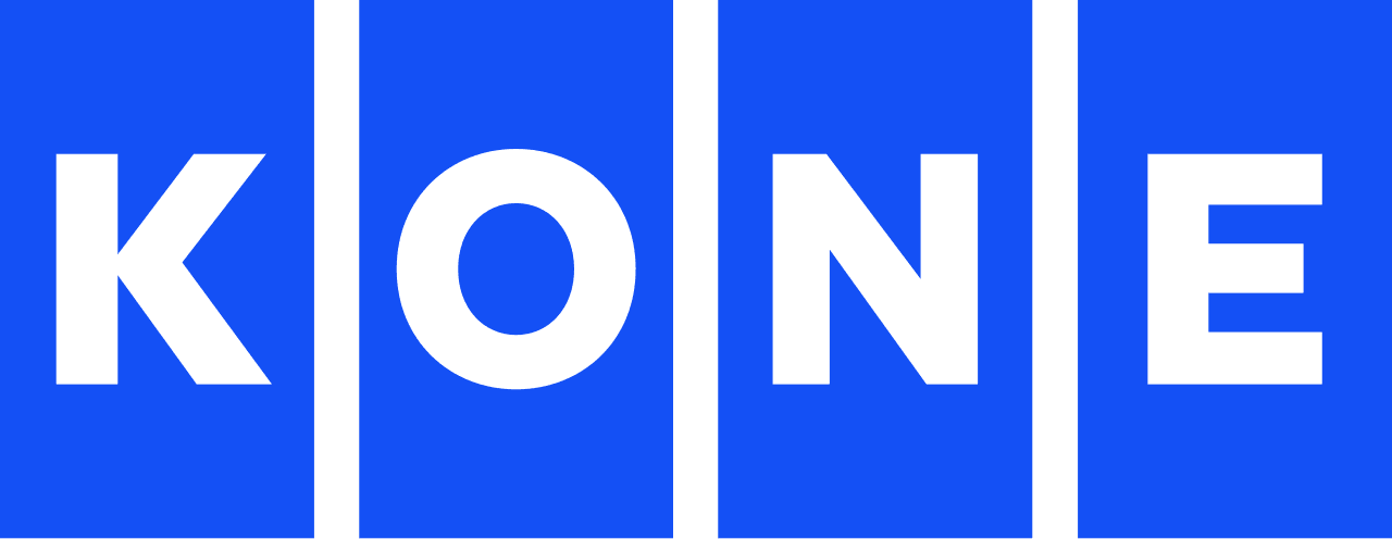 KONE logo featuring white capital letters inside four separate blue vertical rectangular blocks.