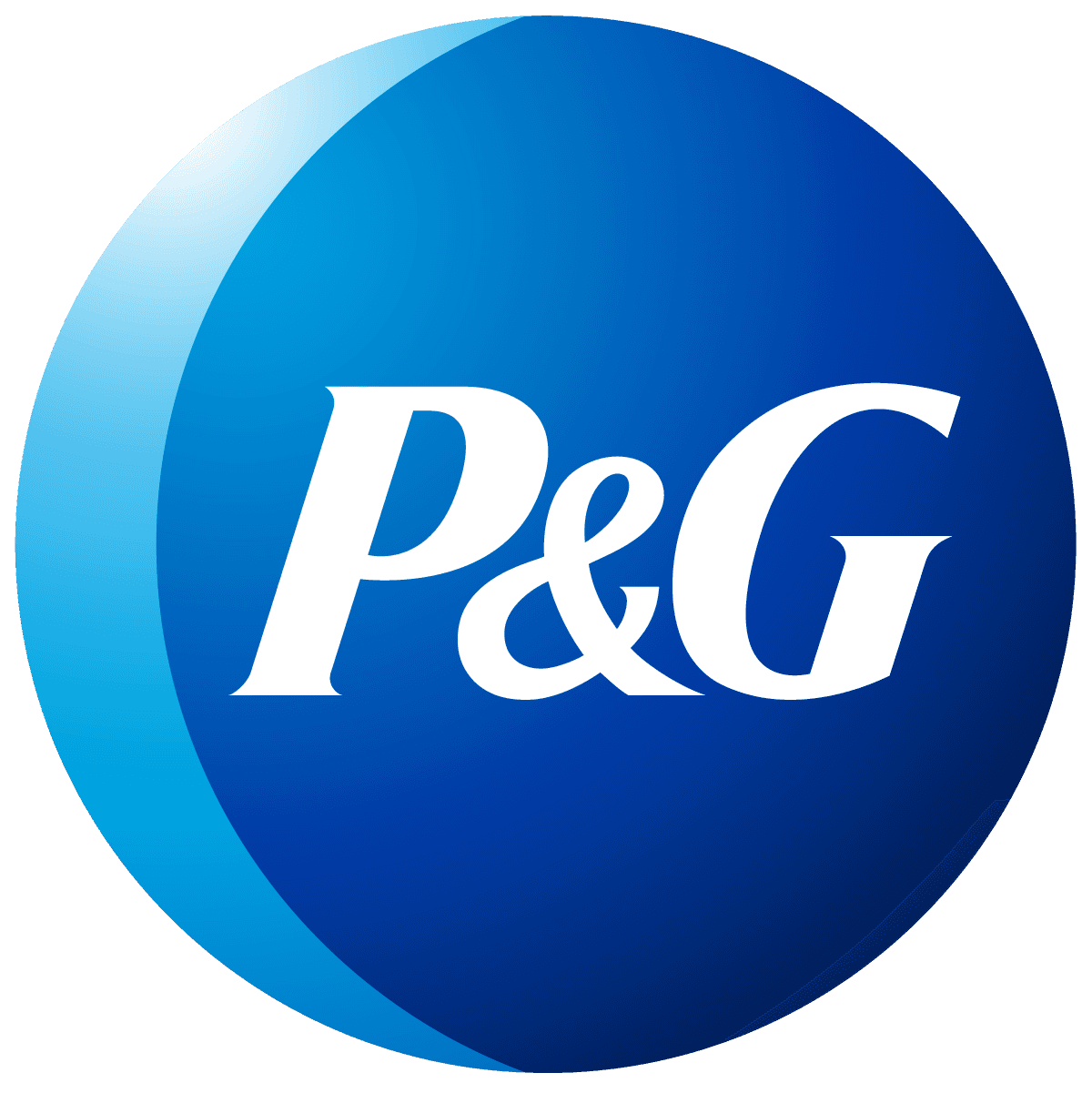 White P&G text on a blue circle with a light blue crescent shape.